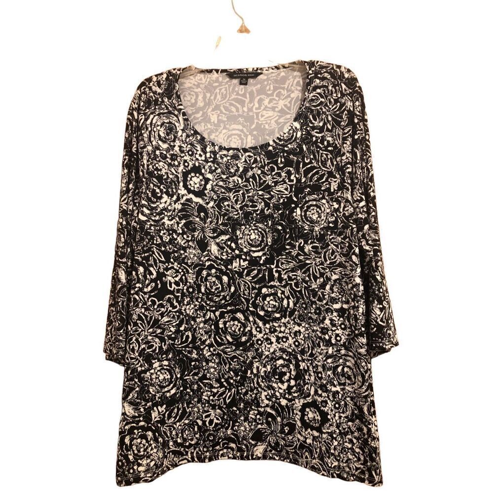 Zac & Rachel WOMAN Plus Size 2X Tunic Top Round Neckline Floral Print Black/Whit